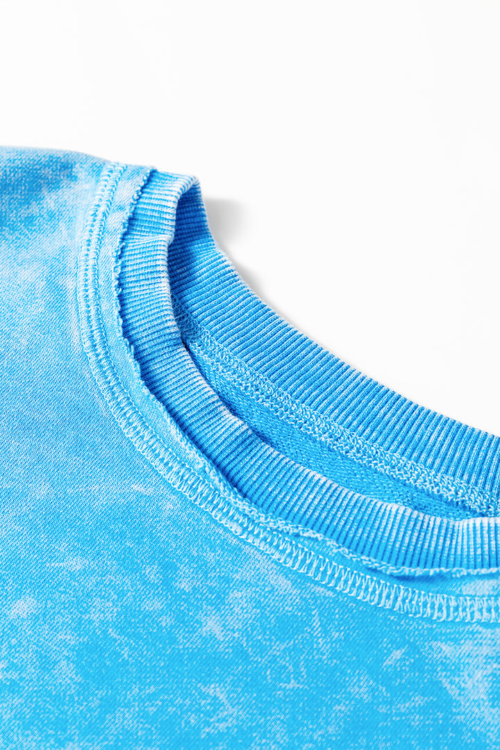 Blue Mineral Wash Raw Seam Double Patched Pocket Pullover Sweatshirt