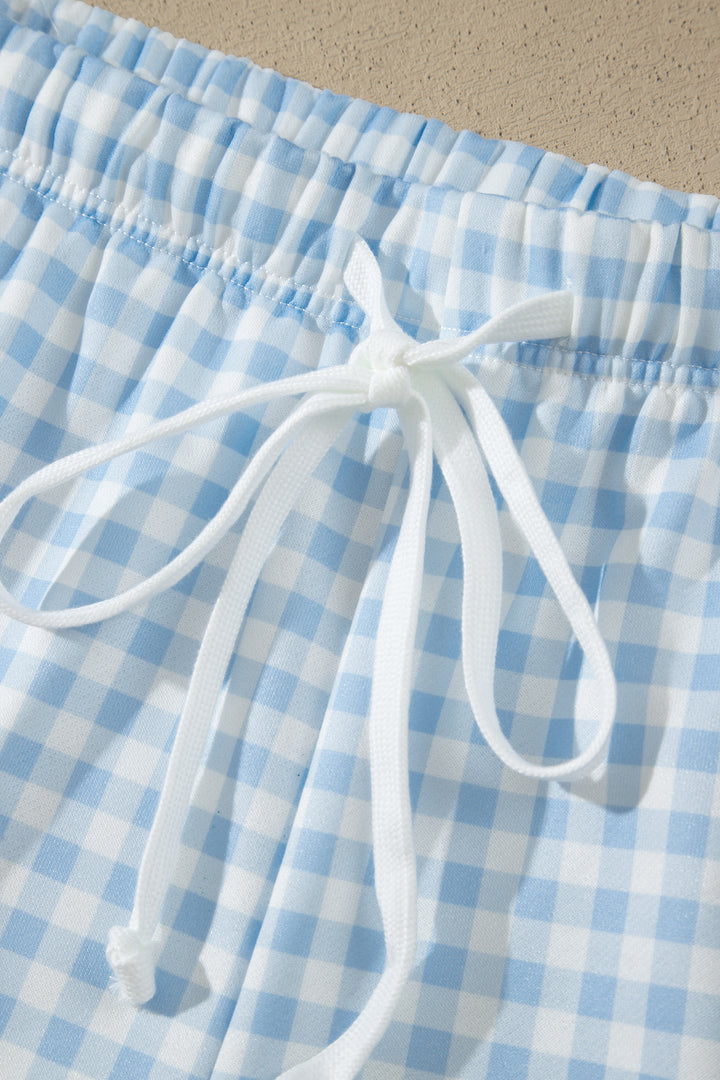 Sky Blue Gingham Loose Pullover Top Drawstring Shorts Plus Size Set