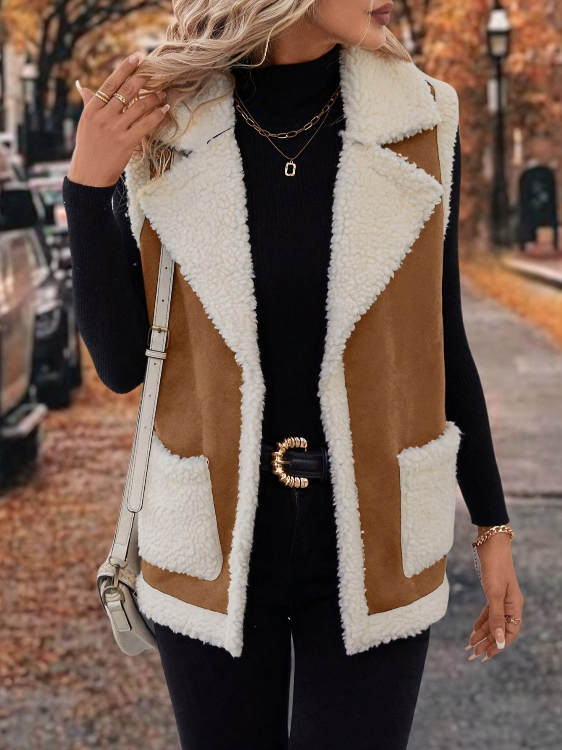 Full Size Contrast Open Front Sherpa Vest Coat