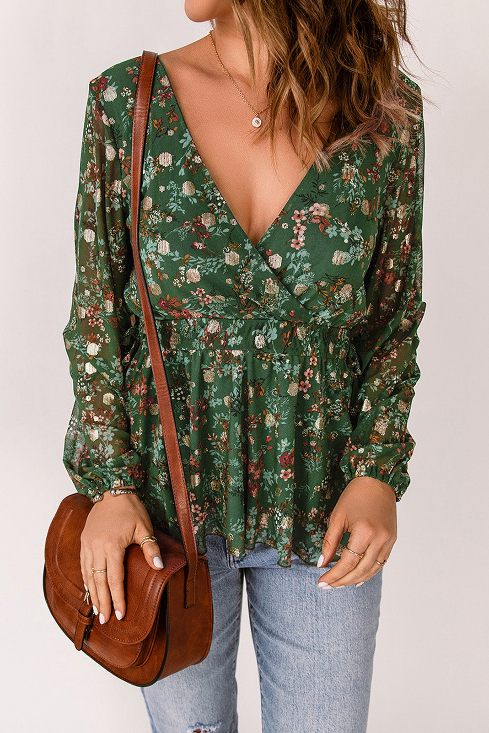 Green Floral Print Wrap V Neck Peplum Top