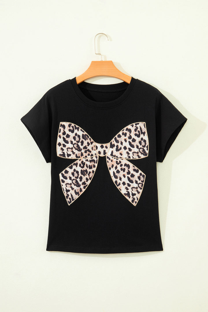 Black Leopard Bow Embroidered Cotton Round Neck T Shirt