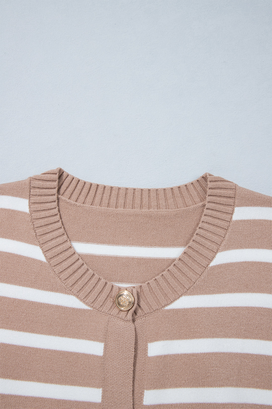 Khaki Stripe Button Down Short Sleeve Knit Plus Size Cardigan