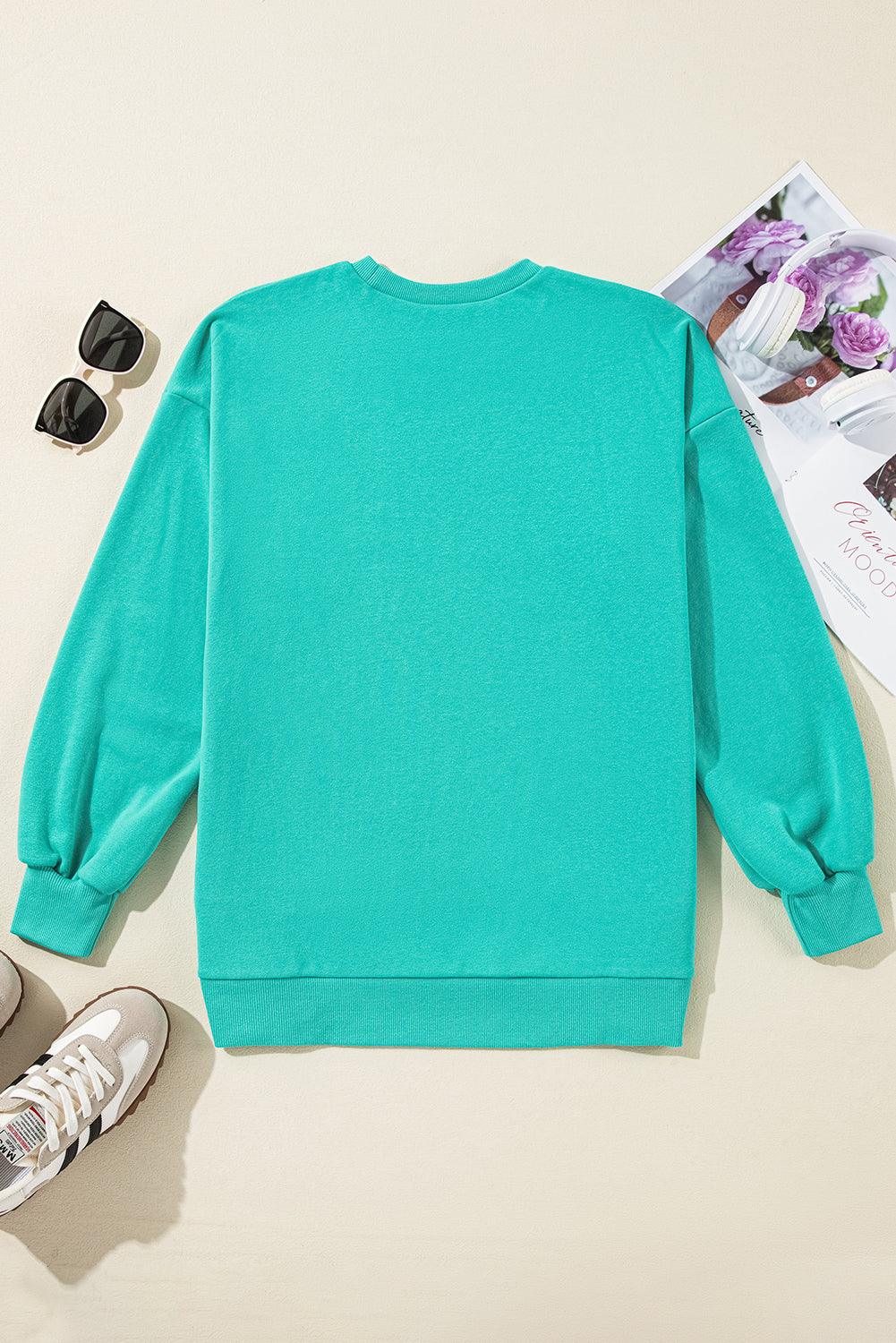 Aruba Blue Solid O Neck High Low Hem Pullover Sweatshirt