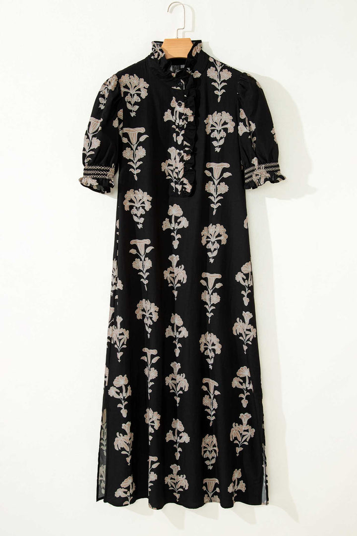 Black Floral Print Frilled Collar Short Puff Sleeve Plus Size Maxi Dress