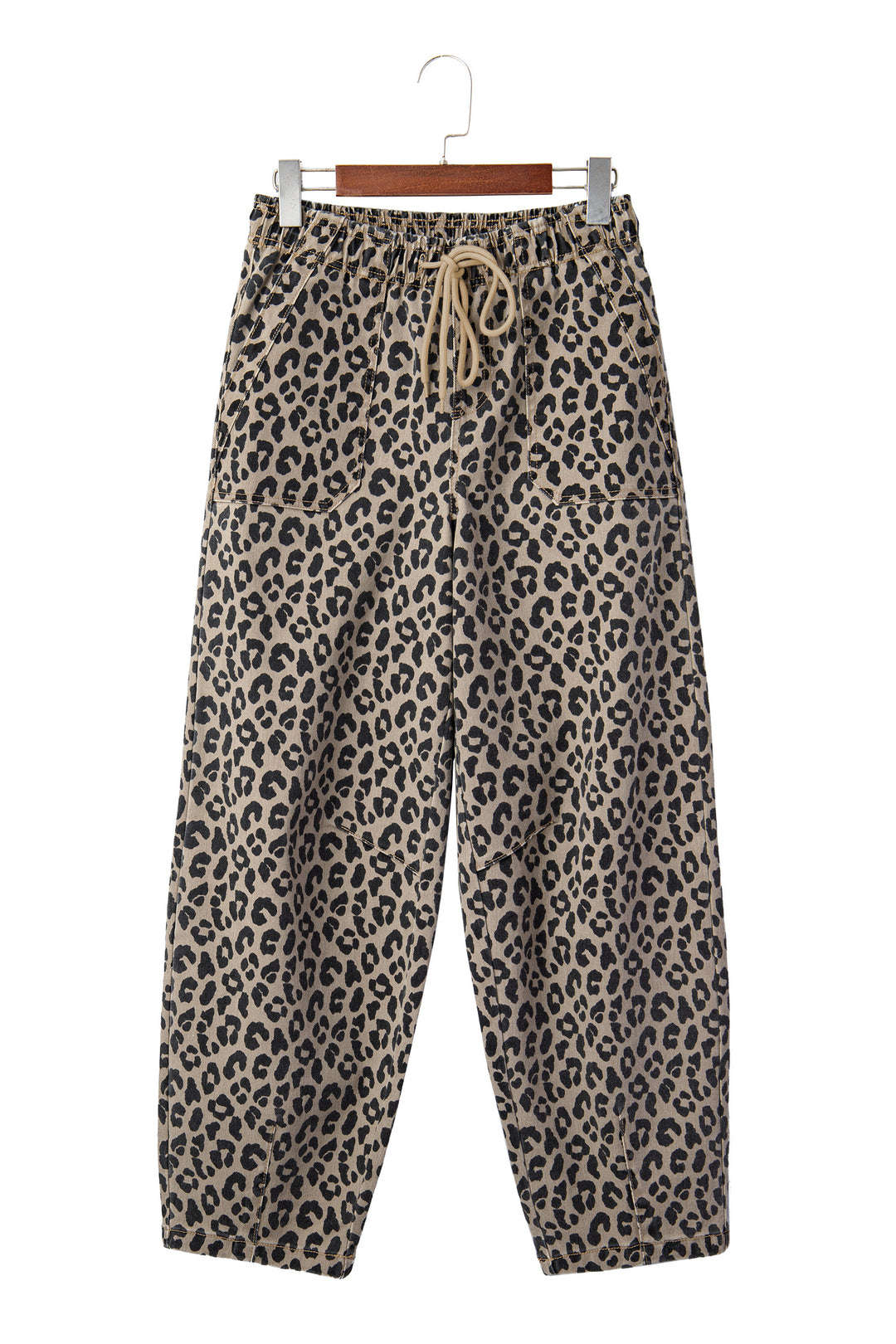 Khaki Leopard Print Drawstring Elastic Waist Loose Denim Pants with Pockets