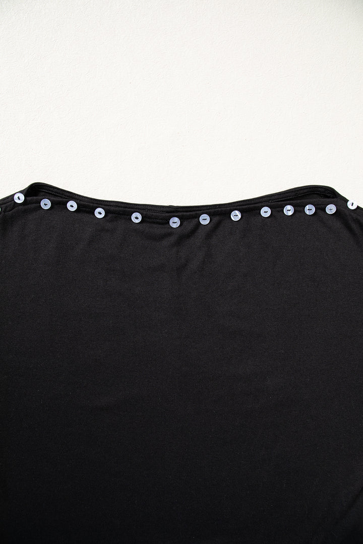 Black 3/4 Sleeve Button Detail Off Shoulder Top