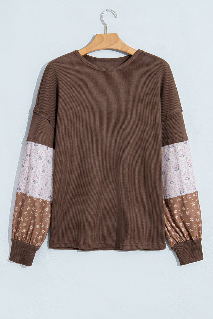 Coffee Floral Print Colorblock Long Sleeve Textured Loose Pullover Tunic Top