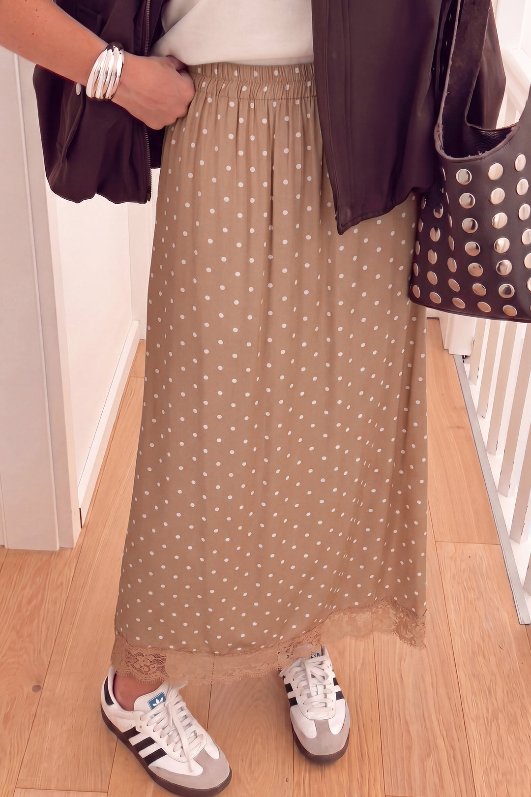 Brown Polka Dot Lace Hem Elegant Long Shift Skirt