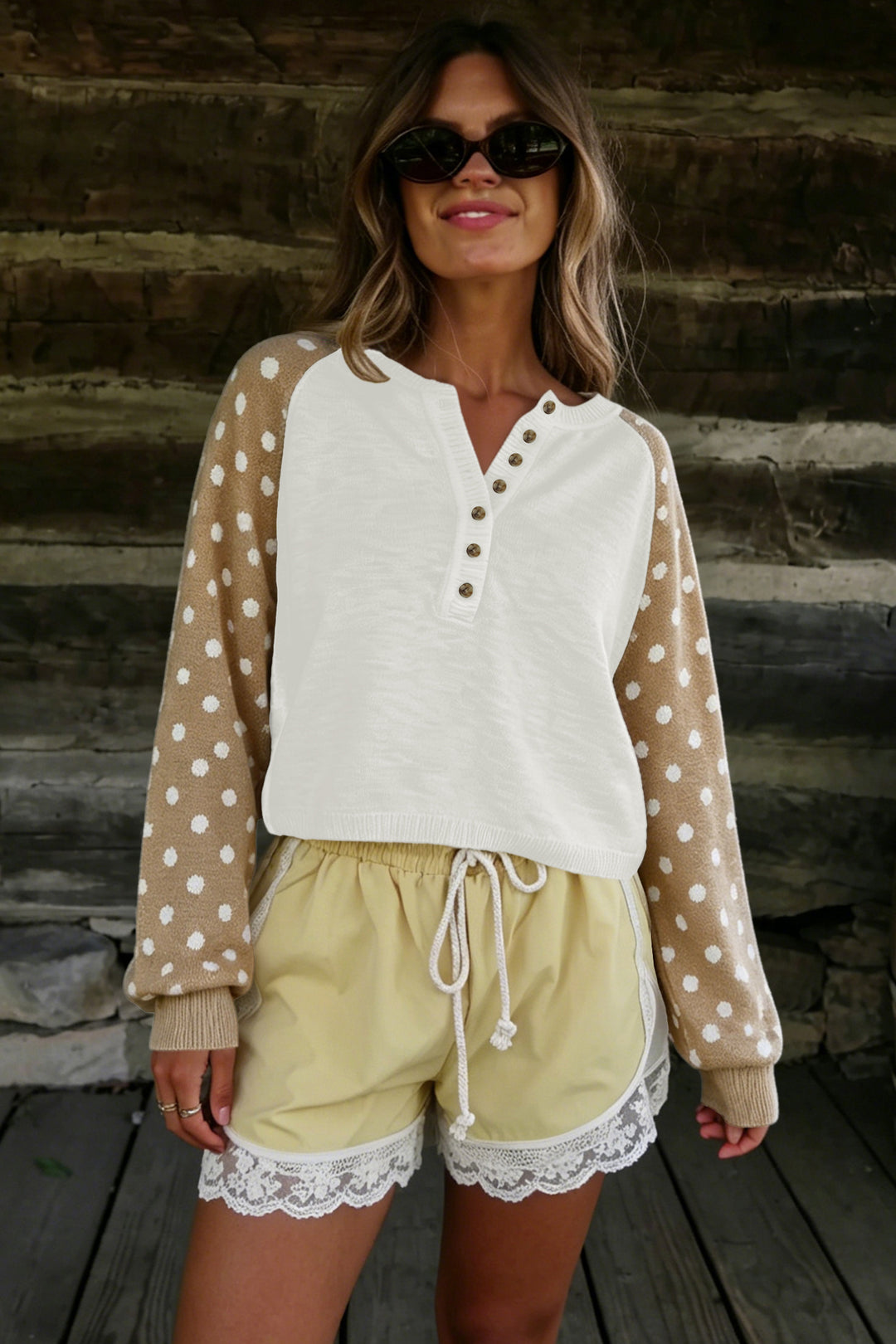 Khaki Polka Dot Contrast Long Sleeve Button V Neck Sweater