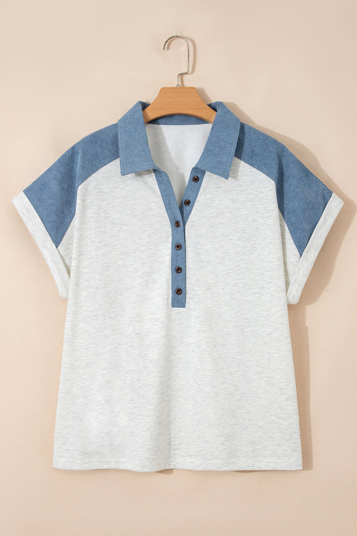 Beige Plus Size Contrast Denim Patchwork Cuffed Sleeve Polo Tee