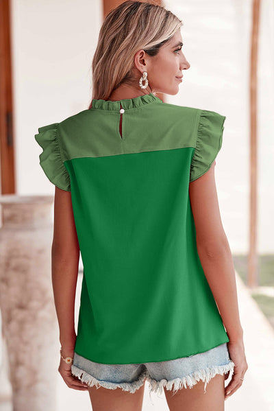 Bright Green Two Tone Ruffled Flutter Sleeve Blouse