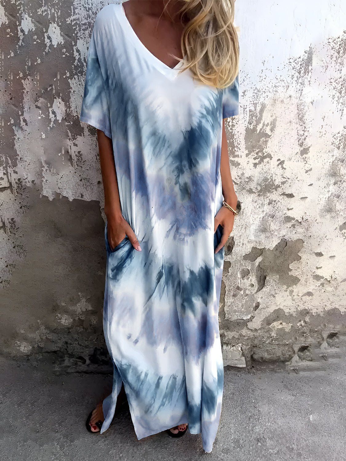 Full Size Pocketed Tie-Dye Short Sleeve Dress