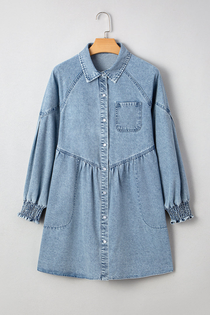 Molly Smocked Cuffs Flared Denim Shirt Mini Dress