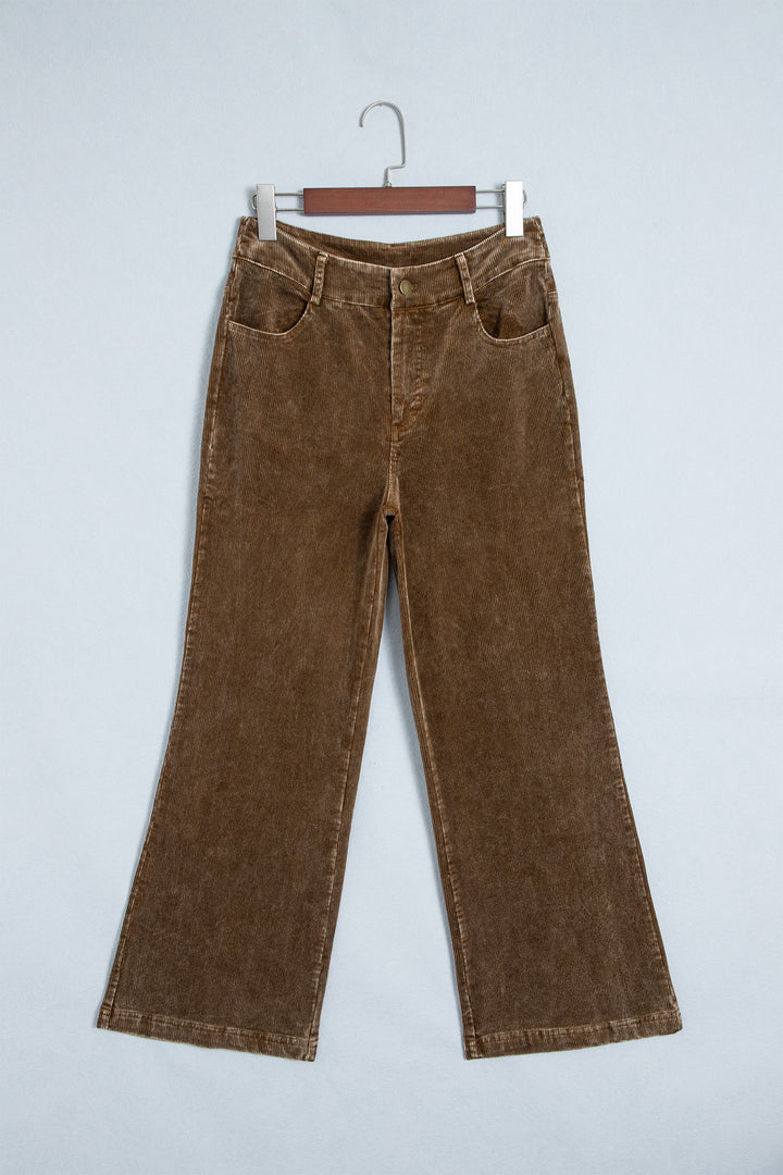 Camel Straight Leg Corduroy Metal Button Zip-up Pants