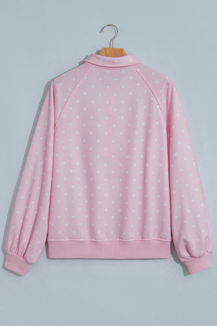Pink Polka Dot Print Metal Button Collar Casual Pullover Sweatshirt
