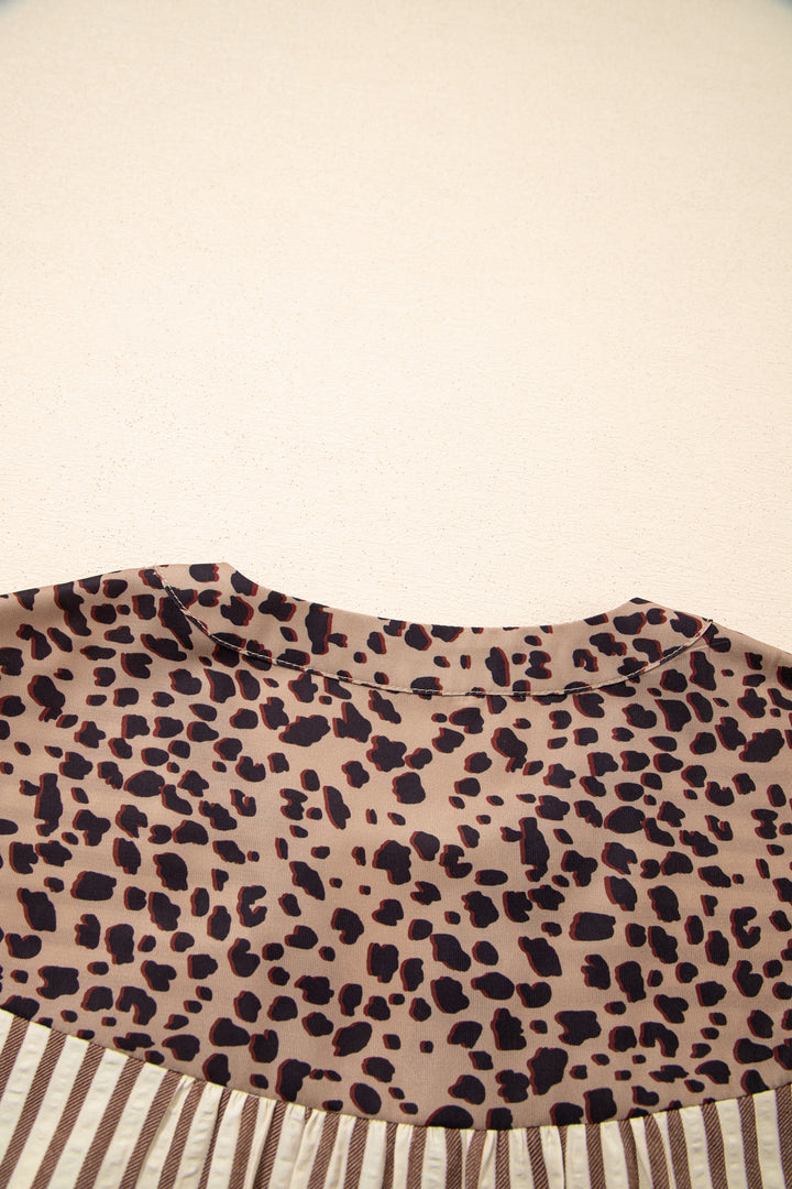 Khaki Stripe Square Button Leopard Trim Loose Bracelet Sleeve Shirt Dress