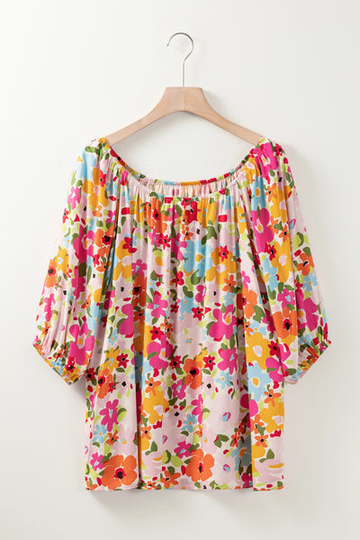 Red Floral Print Puff Sleeve Pleated Elastic Neckline Blouse