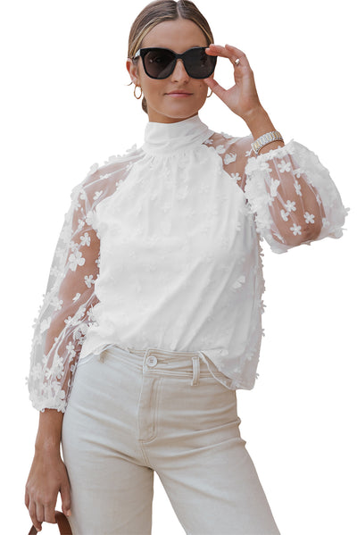 White Mock Neck Floral Mesh Long Sleeve Top