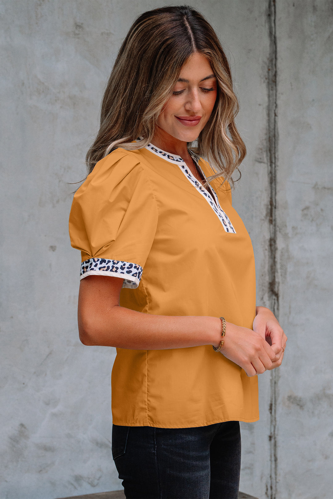Buckskin Contrast Leopard Trim Split Neck Puff Sleeve Blouse