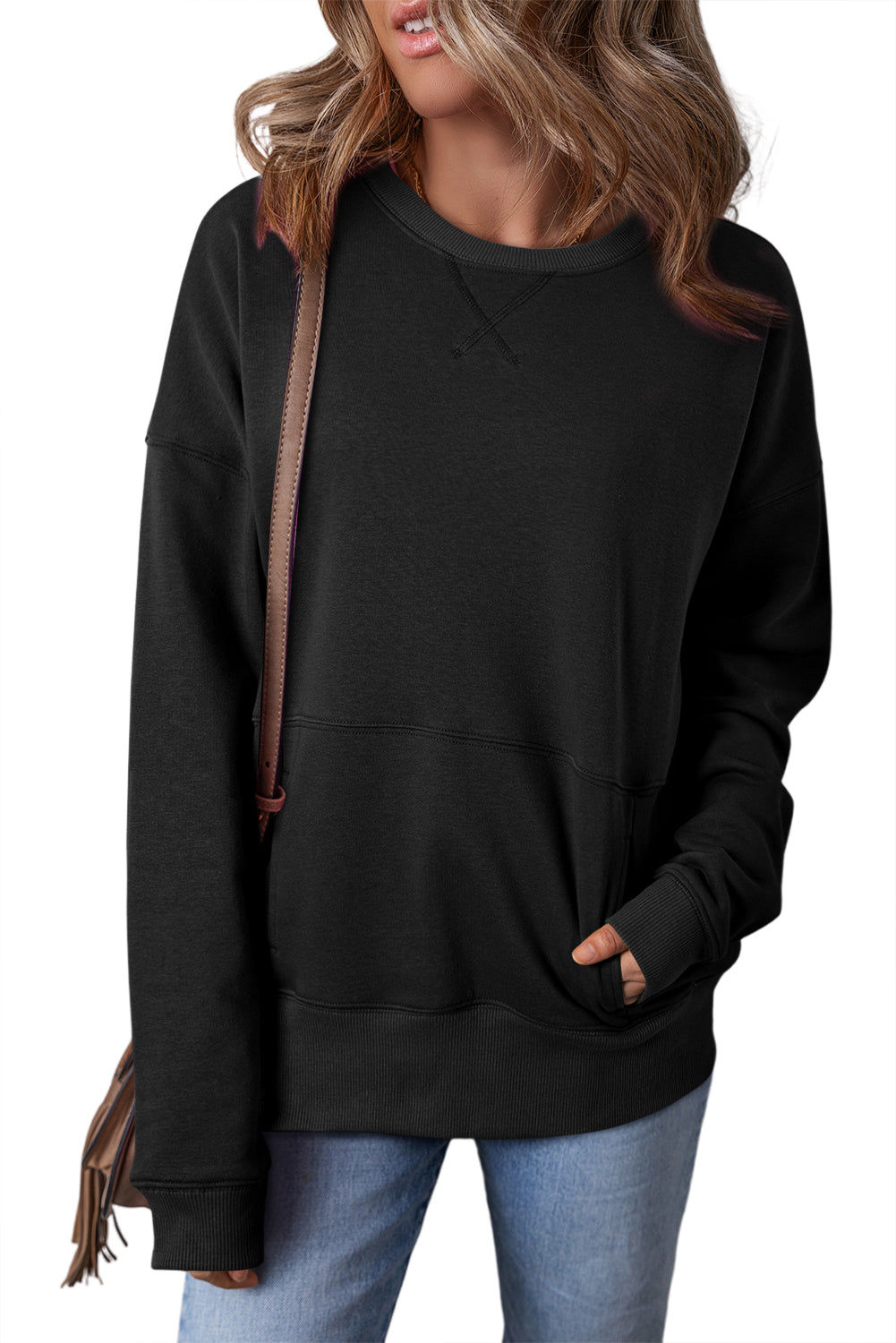 Black Drop Shoulder Crisscross Stitching Pocketed Loose Sweatshirt