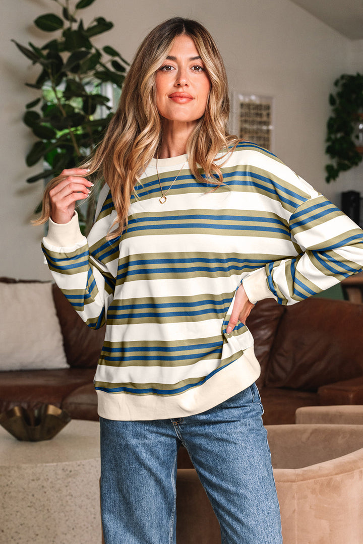 Rose Stripe Crew Neck Pullover Sweatshirt