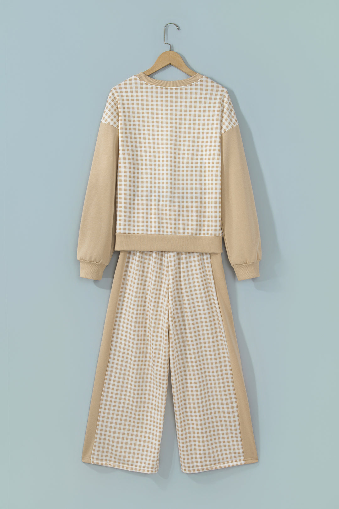 Red Color Block Plaid Patchwork Long Sleeve Pullover Wide Leg Pant Set