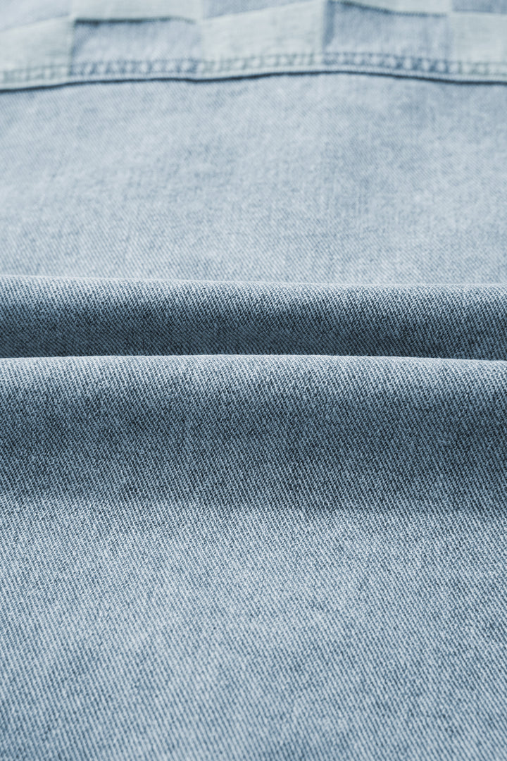 Beau Blue Denim Checkered Pattern Patchwork Womens Casual Jacket