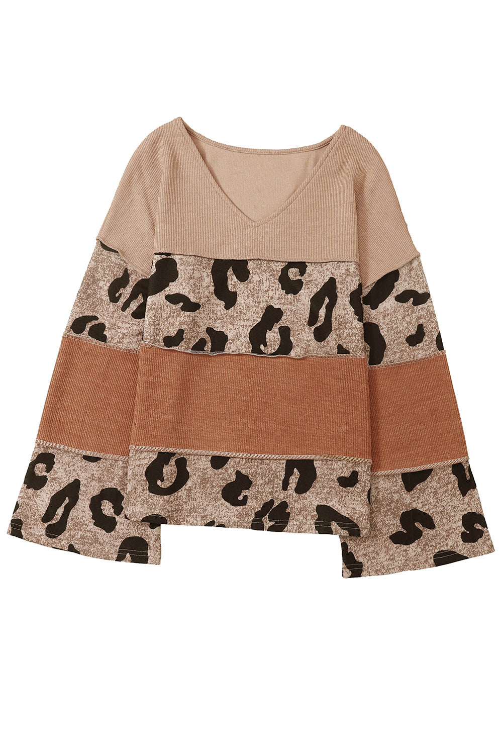 Leopard Colorblock Patchwork V-Neck Loose Sleeve Knit Top