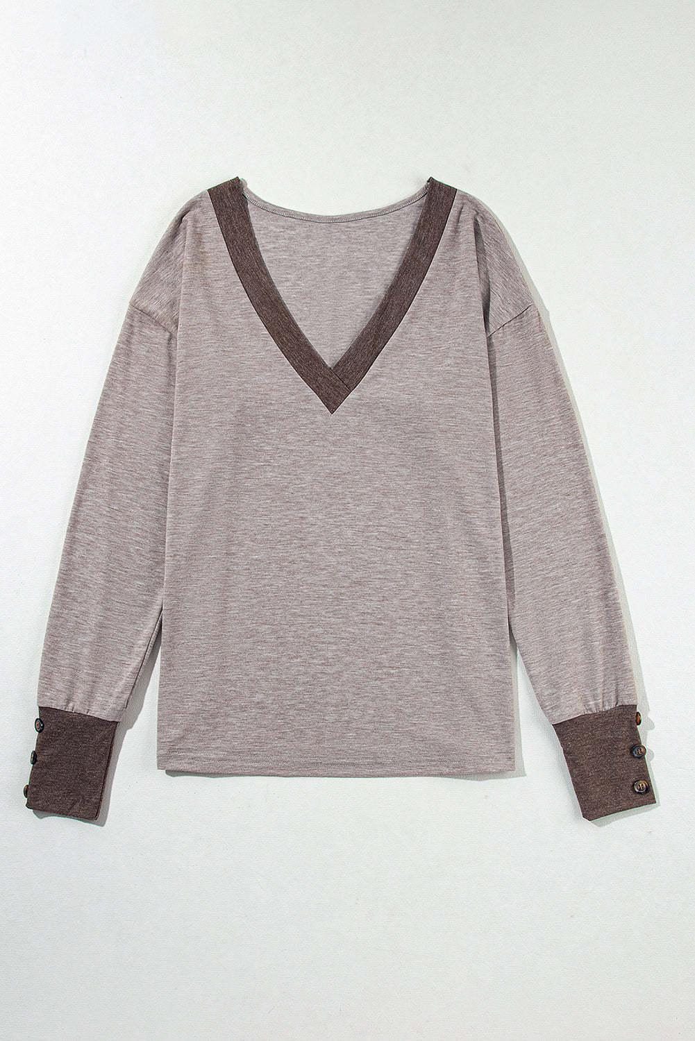 Khaki Contrast V Neck Button Cuffed Long Sleeve Top