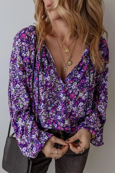 Floral Tie Neck Long Sleeve Blouse