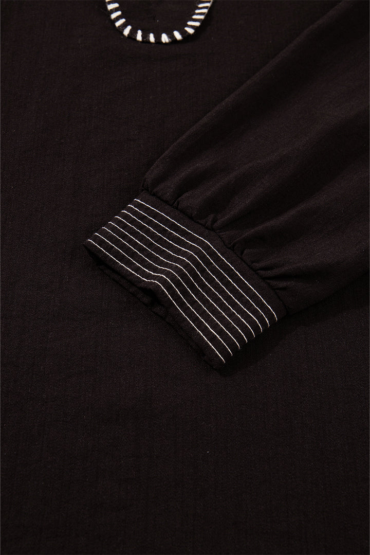 Black Contrast Stitched Detail V Neck Ruffle Long Sleeve Blouse