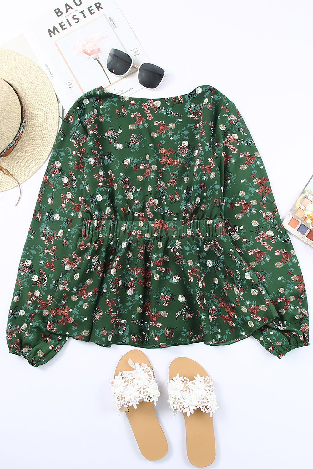 Green Floral Print Wrap V Neck Peplum Top