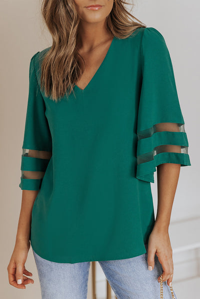 Green Flare Sleeve V Neck Loose Blouse