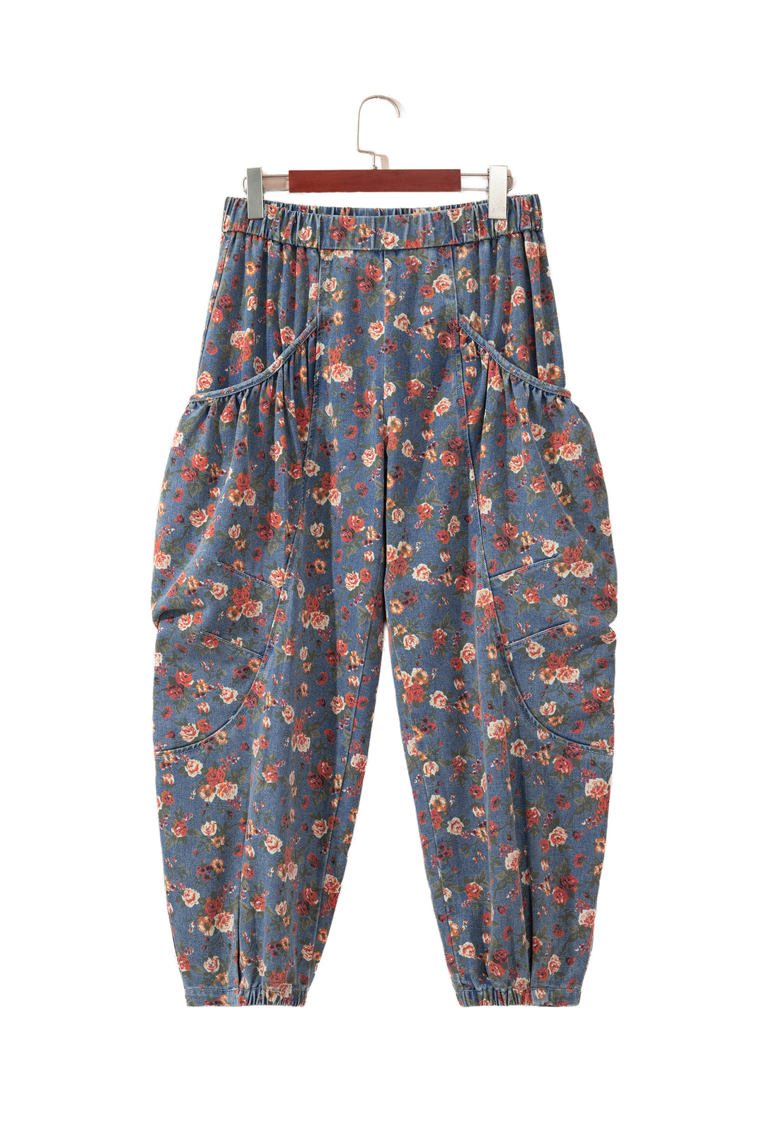 Beau Blue Retro Floral Print Elastic Waist Pocketed Barrel Jeans