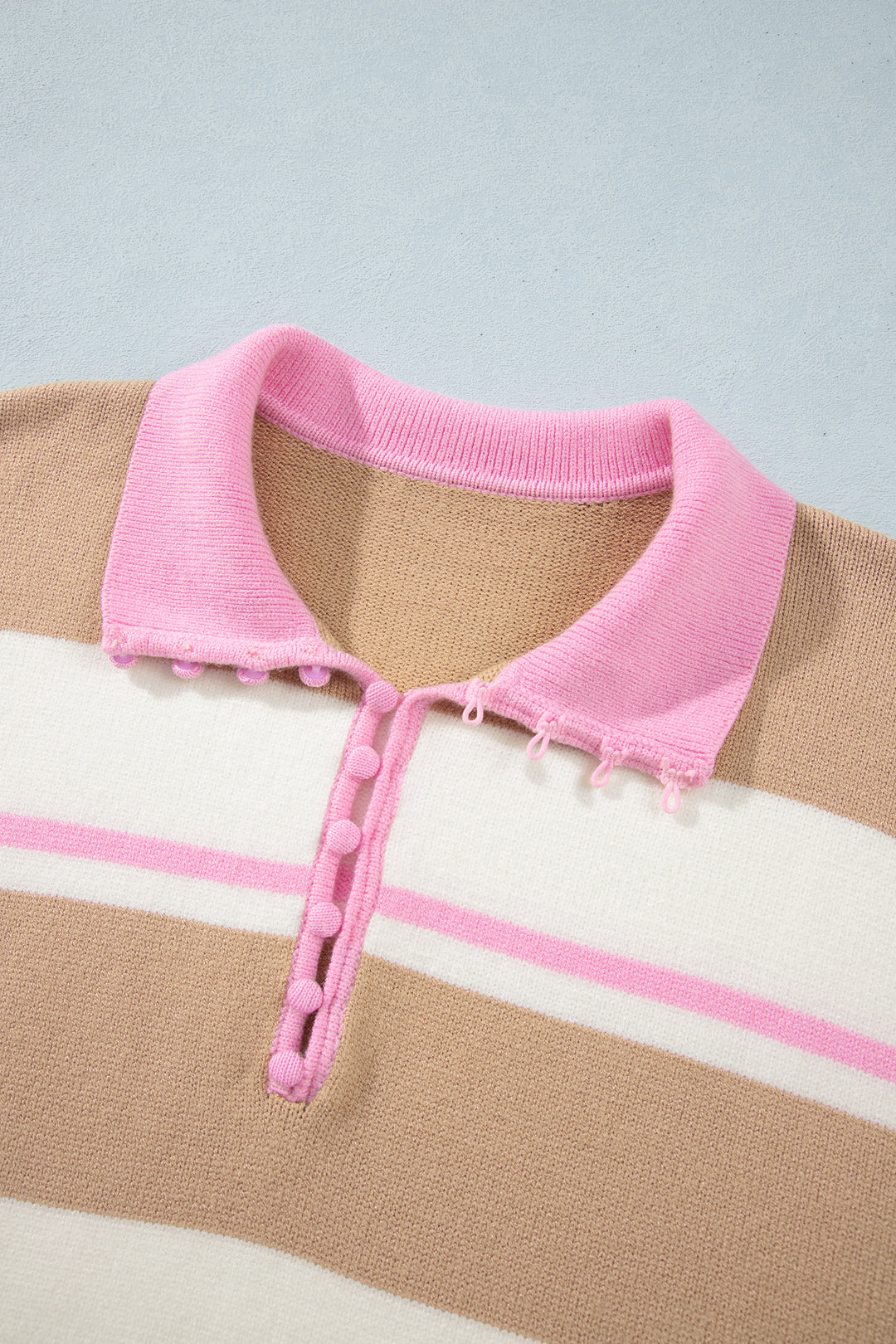 Khaki Stripe Striped Drop Shoulder Button Placket Long Sleeve Sweater
