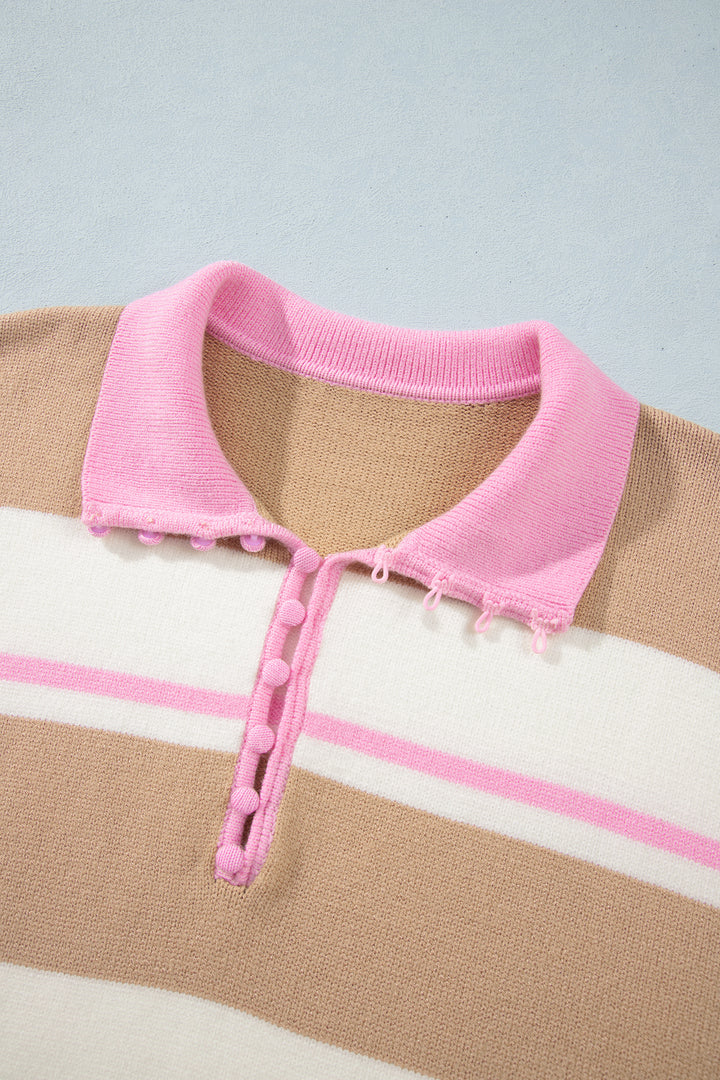 Khaki Stripe Striped Drop Shoulder Button Placket Long Sleeve Sweater