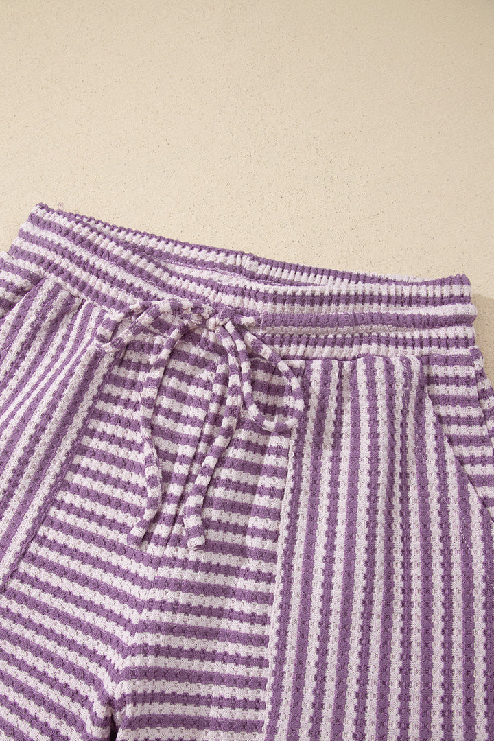 Brown Stripe Breathable Textured Knit Short 2pcs Set