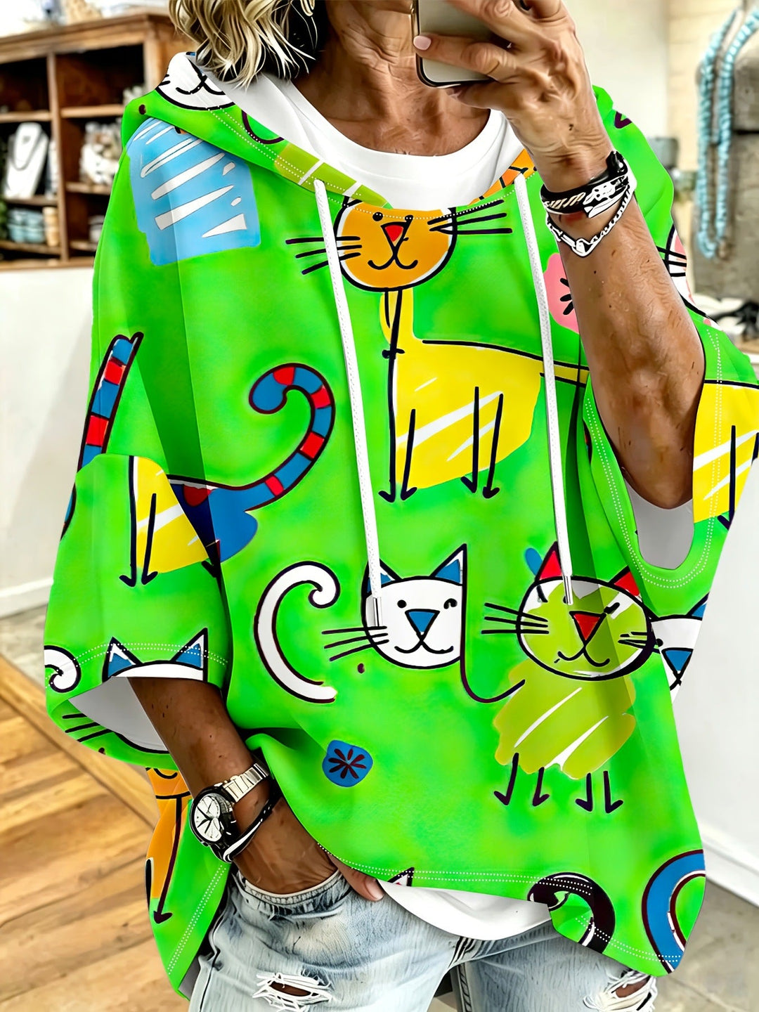 Cartoon Cat Print Hoodie with 3/4 Sleeves &amp; Drawstring