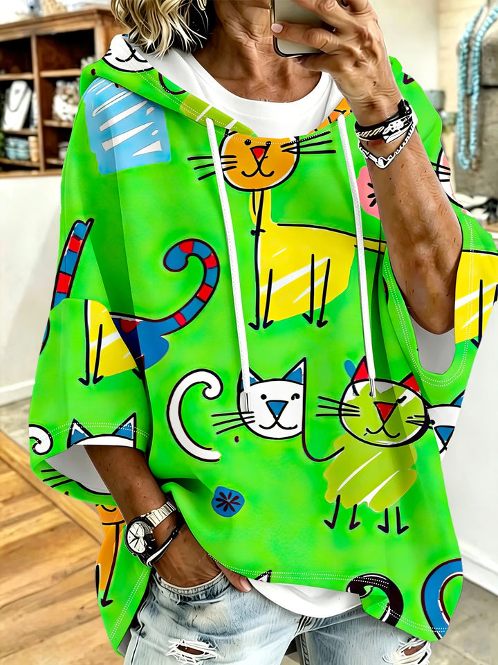 Cartoon Cat Print Hoodie with 3/4 Sleeves &amp; Drawstring