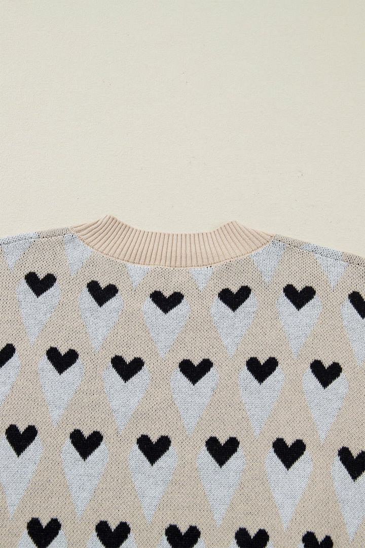 Parchment Geometric Heart Print Ribbed Trim Loose Sweater