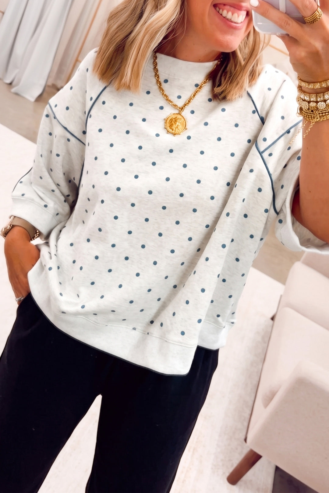 Gray Polka Dot Print Piping Trim 3/4 Sleeve Relaxed Top