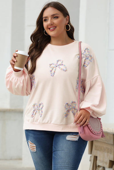 Parchment Embroidered Bow Lantern Sleeve Oversized Pullover Sweatshirt