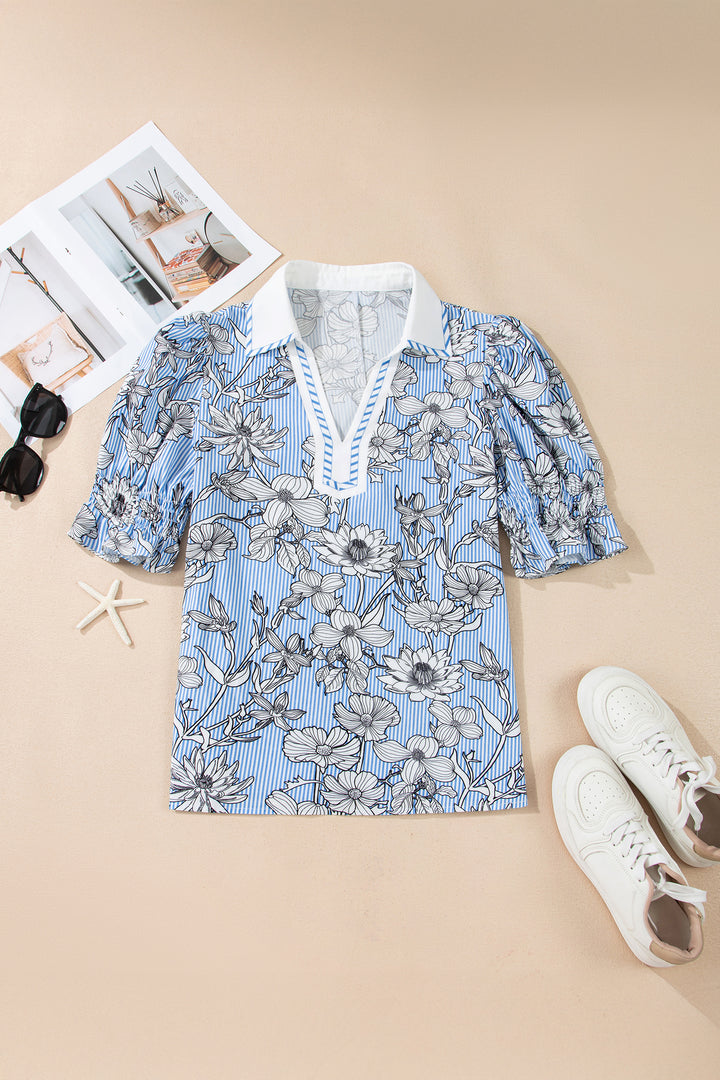 Sky Blue Floral Striped Printed Polo Collar Short Sleeve Blouse