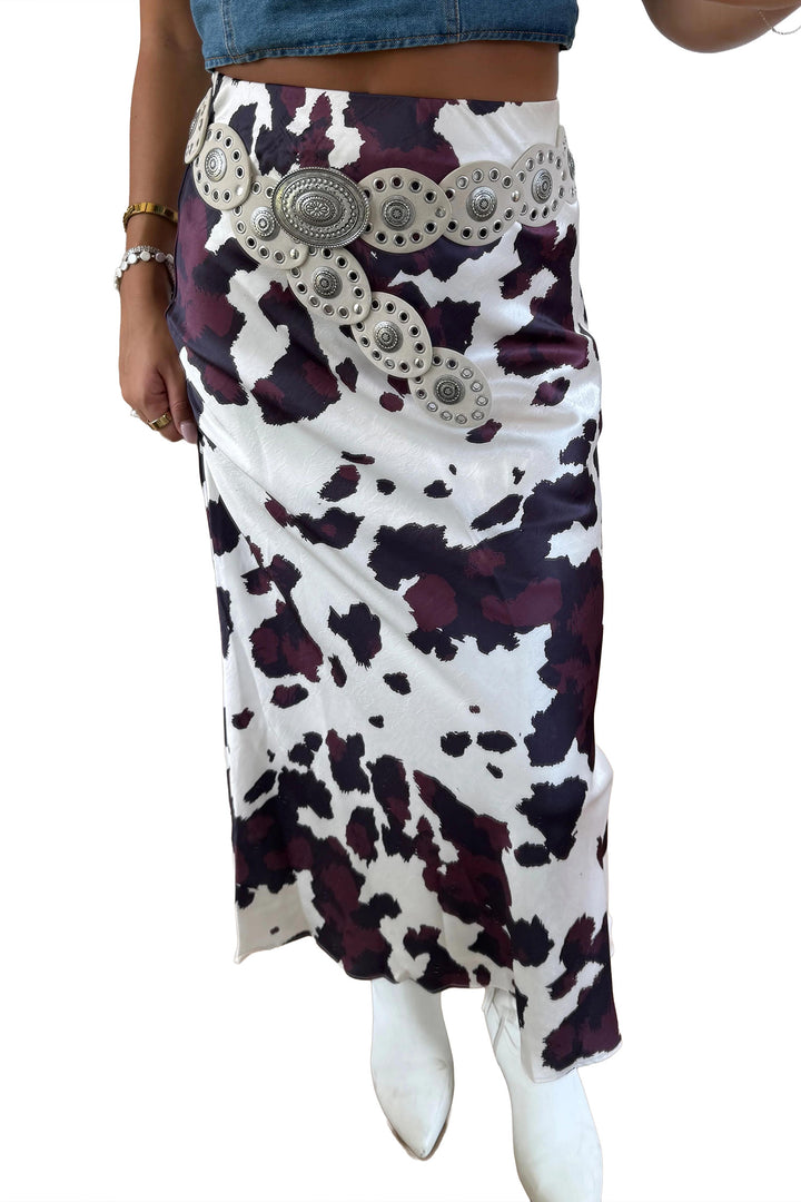 Brown Abstract Print Western Long Metal Zip-Up Waist Daily Wear Skirt