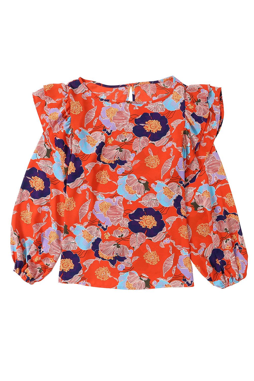 Fiery Red Floral Print Ruffle Puff Sleeve Blouse