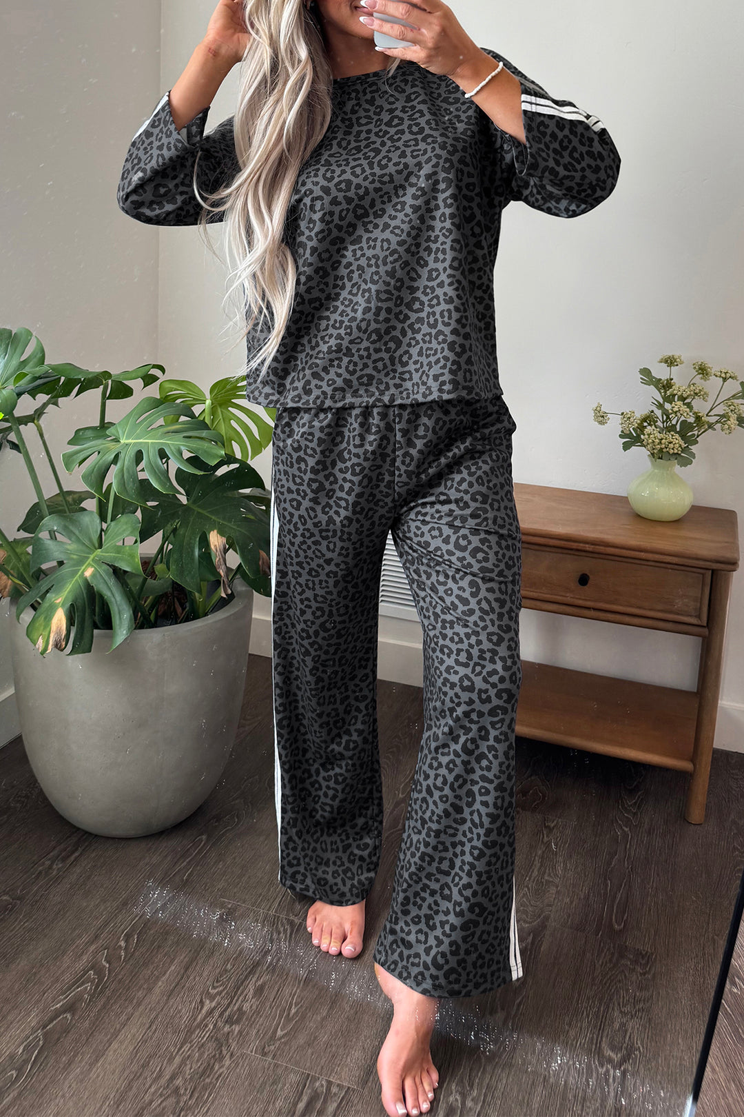 Gray Leopard Print Varsity Striped Detail 3/4 Sleeve Top Shift Pant Set