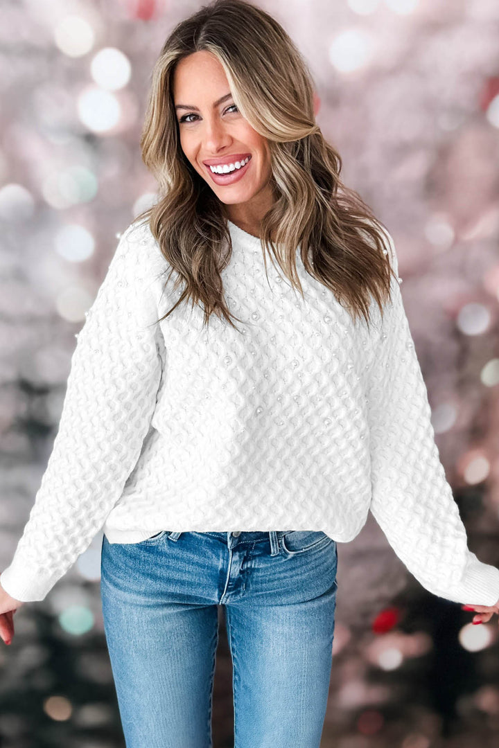 White Solid Textured Knit Pearl Embellished Pullover Sweater