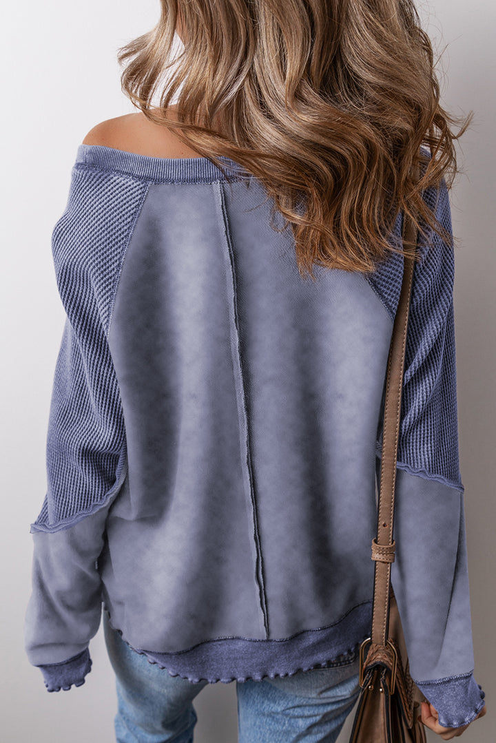 Light Grey Solid Waffle Knit Patchwork Raglan Sleeve Sweatshirt