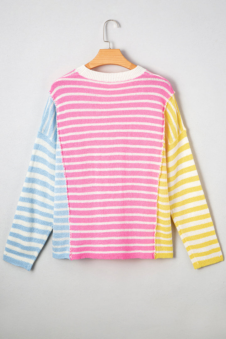 Esther Striped Patchwork Dolman Sleeve Slit Sweater