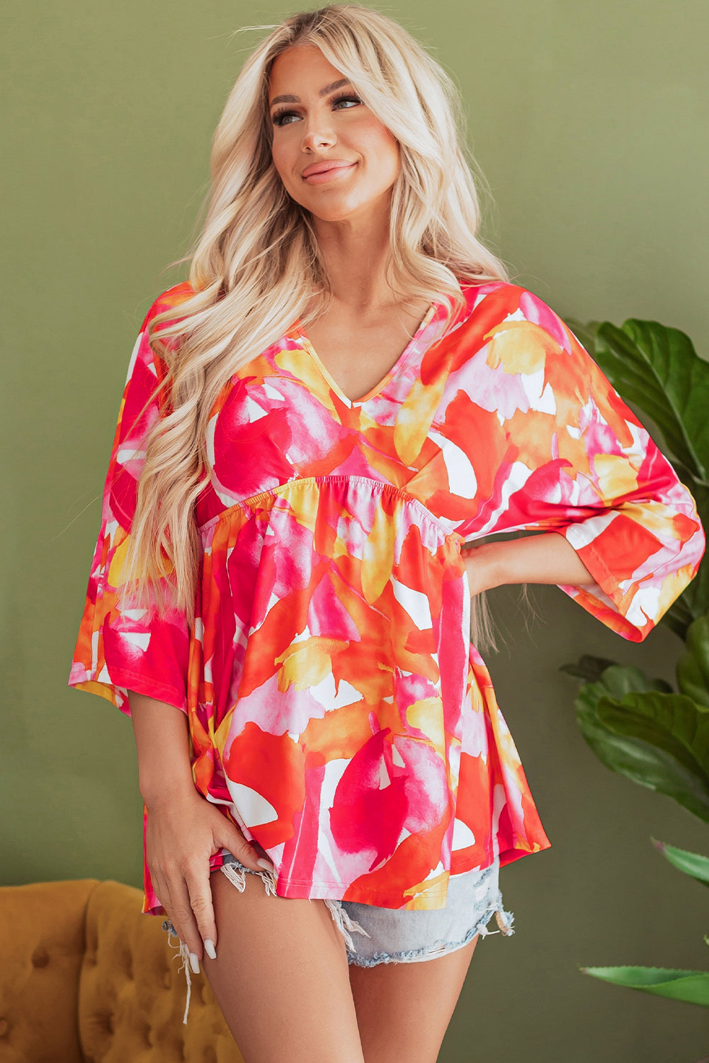 Orange Abstract Print 3/4 Sleeve V Neck Ruffled Babydoll Blouse